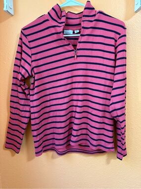 L.L. Bean Coral Pink with Navy Stripe Knit Quarter-Zip